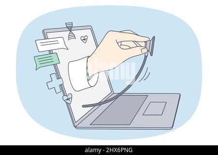 Online doctor and telemedicine concept. Hand of virtual doctor with stethoscope testing from laptop screen during online visit with patient vector illustration  Stock Vector