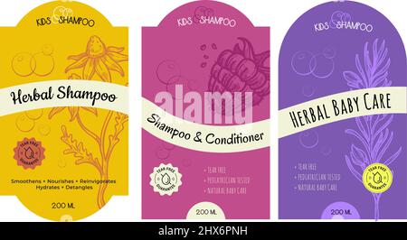 Herbal shampoo and conditioner, baby care labels Stock Vector