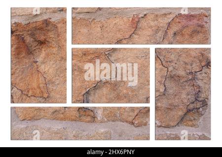 Light brown stone wall background. The photo is divided in tiles. It's a detail of a very old  sandstone wall. Stock Photo