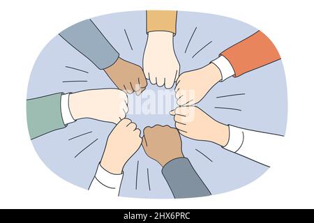 Collaboration teamwork and unity concept. Top view of diverse multi racial group of people pulling fists together in circle meaning togetherness and tolerance vector illustration  Stock Vector