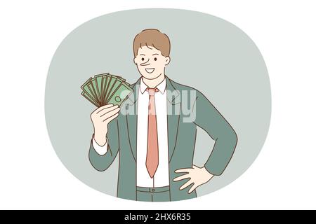 Fraud and taking bribes concept. Smiling cheerful man in suit standing holding heap of cash money in hands with very long big nose meaning unfair play vector illustration  Stock Vector