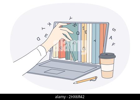Online library and information concept. Human hand taking various books from laptop screen using online ebooks and library in internet vector illustration  Stock Vector