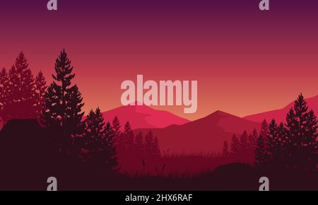 Panoramic silhouette of mountains with beautiful pine trees at sunset from the edge of the countryside. Vector illustration of a city Stock Vector