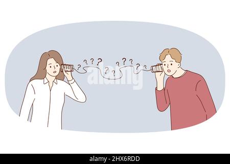 Misunderstanding and problems in communication concept. Frustrated woman and man standing hearing in glasses trying to understand and listen to each other vector illustration  Stock Vector