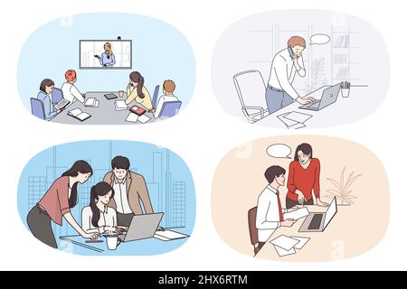 Set of businesspeople working in team or at laptop in office. Collection of employees or workers busy at briefing at workplace. Teamwork and cooperation in business. Vector illustration.  Stock Vector