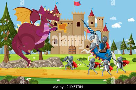 Medieval knights fighting with ancient dragon illustration Stock Vector ...