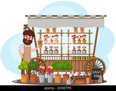 Flea market concept with plant shop illustration Stock Vector