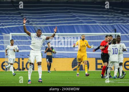 David Alaba of Real Madrid celebrates during the UEFA Champions League, Round of 16, 2nd leg football match between Real Madrid and Paris Saint-Germain on March 9, 2022 at Santiago Bernabeu stadium in Madrid, Spain - Photo:  Irh/DPPI/LiveMedia Stock Photo