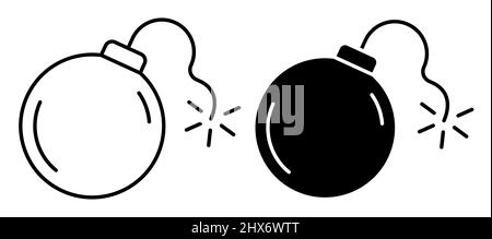 Linear icon. Metallic round bomb with wick. Offensive and defensive weapons. Simple black and white vector isolated on white background Stock Vector