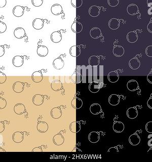 set of seamless patterns with Metallic round bomb with wick. Offensive and defensive weapons. Ornament for decoration and printing on fabric. Design e Stock Vector