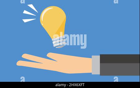 Illustration of a man's hand holding a light bulb. Ideas and tips. Editable vector. Stock Vector