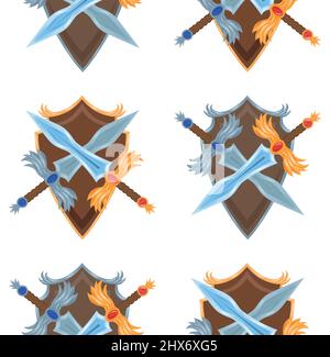 Seamless pattern with crossing cartoon swords and shields on white background. Protection and strength. Rich knightley uniform. Vector texture Stock Vector