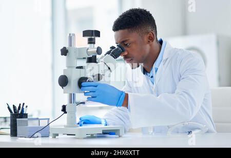 What an interesting find. Cropped shot of a focused young male scientist looking at test samples through a microscope inside of a laboratory during Stock Photo