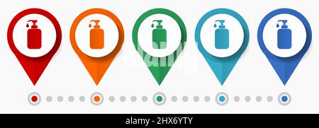 Liquid soap concept vector icon set, flat design coronavirus protection pointers, infographic template easy to edit Stock Vector