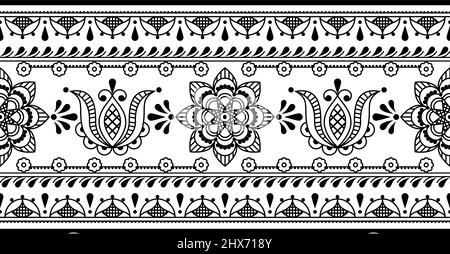 Floral Scandinavian folk art outline vector seamless long pattern with tulips and border, horizontal decorative textile or fabric print design with fl Stock Vector