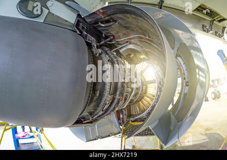 Engine of the airplane under heavy maintenance Stock Photo