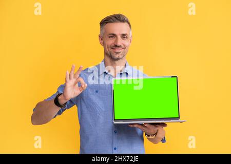 smiling man presenting computer showing ok gesture on yellow background, copy space, shopping. Stock Photo