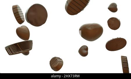 Delicious chocolate are falling into transparent space on white background. 3D illustration Stock Photo