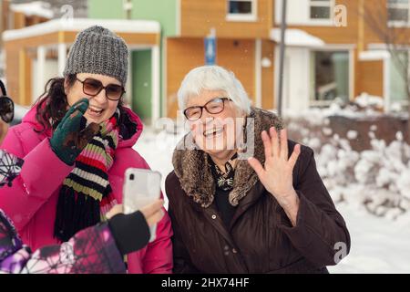 Smiling women taking selfie Stock Photo