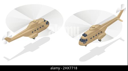 Isometric Military helicopter vector. Transport helicopter flying Stock Vector