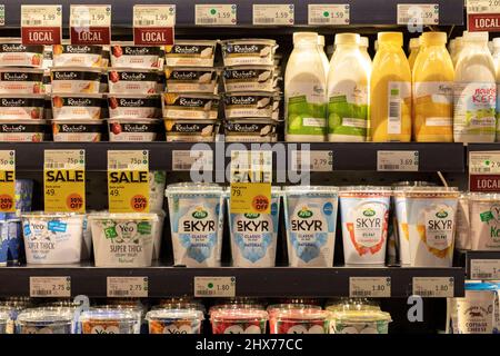 Prices of dairy products as seen on the shelves of a Whole Foods supermarket.   Food prices, among other living costs, are said to spike in months com Stock Photo