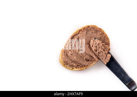 Toasted bread with pork liver pate isolated on white background Stock Photo