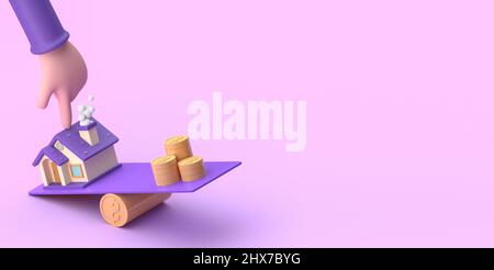 House and golden coin on balancing scale isolated. Business mortgage investment and financial loan concept. 3D rendering Stock Photo