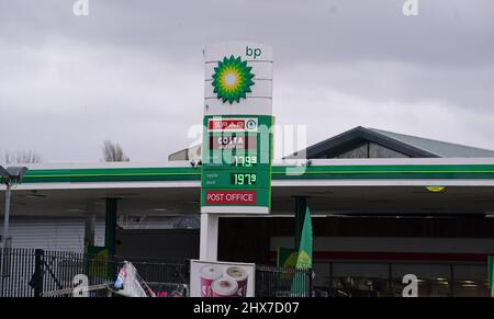 A display sign showing unleaded petrol prices at 179.9 p per litre and diesel prices at 197.9p per litre at a BP petrol station in Liverpool's city centre. Picture date: Thursday March 10, 2022. Stock Photo