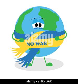 Planet Earth in a scarf with the colors of the flag of Ukraine, crying because of the war. There is no war. Idea blue and yellow concept. Design for a Stock Vector