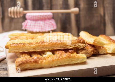 Delicious homemade cookies on the table, side view. Background with space for text Stock Photo