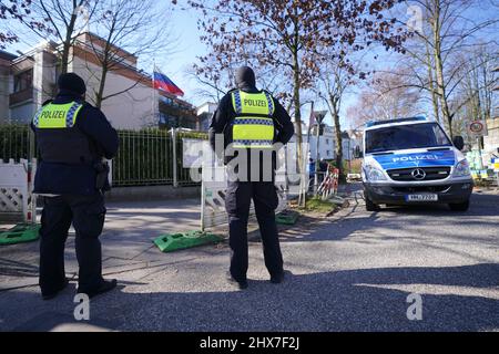 Hamburg, Germany. 10th Mar, 2022. Police officers stand for object protection in front of the Consulate General of Russia. Credit: Marcus Brandt/dpa/Alamy Live News Stock Photo