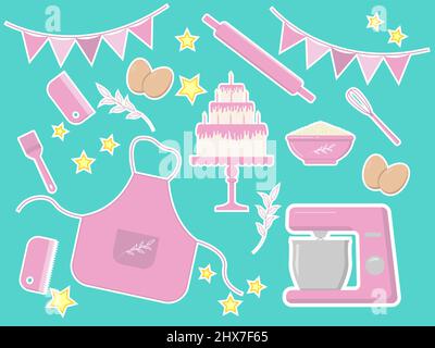 Bright bakery sticker set. Pink party Stock Vector