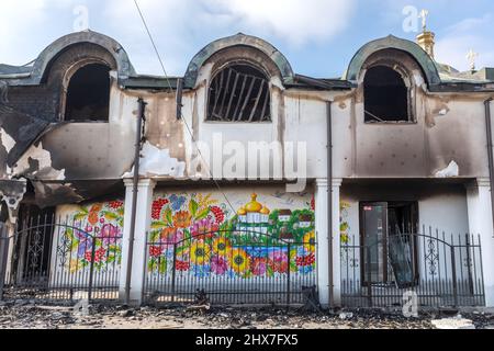 IRPIN, UKRAINE - Mar. 09, 2022: War in Ukraine. Ruined church on the outskirts of Irpin Stock Photo