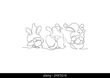 Vector illustration banner design cute gnomes with eggs for Easter and spring. Easter Bunny illustration continuous line drawing. Stock Vector