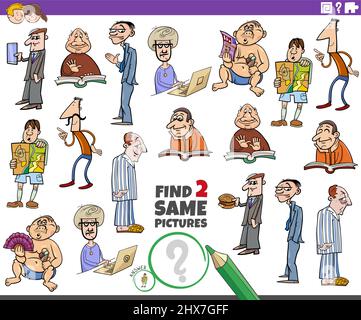 Cartoon illustration of finding two same pictures educational game with funny men characters Stock Vector