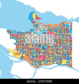 Vancouver, British Columbia, Canada colorful high resolution vector art map with city boundaries. White outlines for main roads. Many details. Blue sh Stock Vector