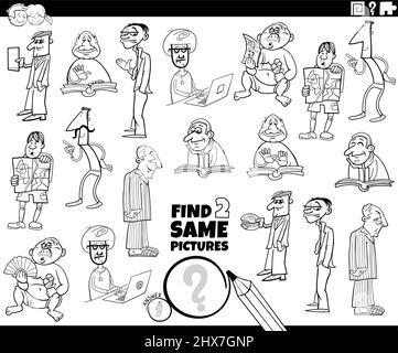 Black and white cartoon illustration of finding two same pictures educational game with funny men characters coloring book page Stock Vector