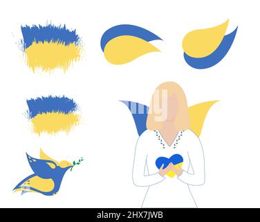 Different ukrainian flags, peace dove in blue an yellow colors, woman angel with heart, made in vector. Isolated on white Stock Vector