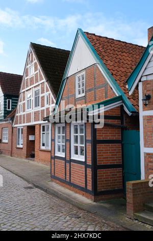 Half Timbered Houses At The Old Town Of Otterndorf Stock Photo