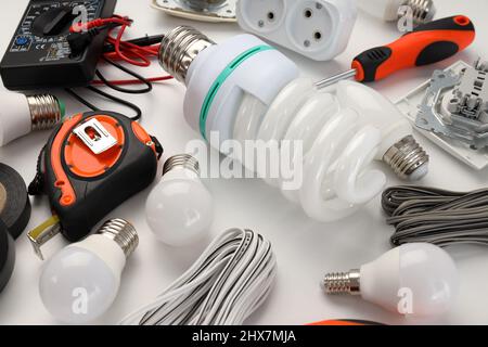 Concept of electrician or electrical tools, close up Stock Photo