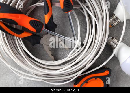 Concept of electrician or electrical tools, close up Stock Photo