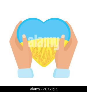Hands holding Ukrainian flag heart. A symbol of peace. Salvation and support of Ukraine. Vector illustration Stock Vector