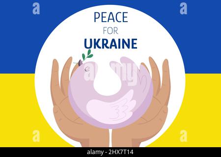 Peace for Ukraine. Two hands holding pigeon, dove in white circle on Ukrainian flag color blue and yellow. Stop war concept illustration. Stock Vector