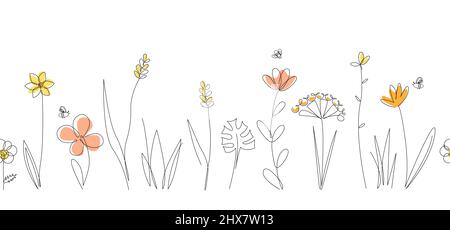 Vector nature seamless border with bees, wild herbs and flowers on white. Continuous line drawing background. Doodle hand drawn style floral Stock Vector