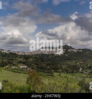 A view of the idyllic whitewashed Andalusian town of Gaucin in the Sierra del Hacho mountains Stock Photo