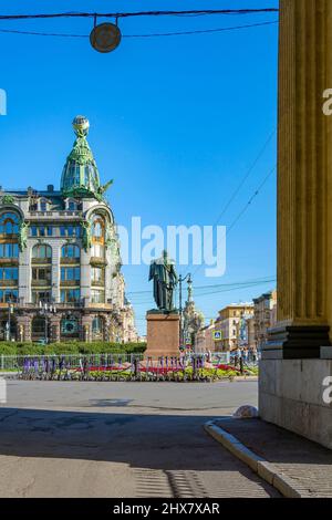 St. Petersburg, view through the colonnade arch of the Kazan Cathedral to Kazan Square and Nevsky Cathedral Stock Photo