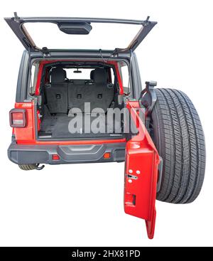 Red car with open clean boot isolated on white studio background Stock Photo