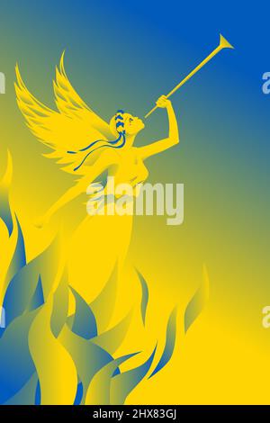 A trumpeting angel with Ukrainian symbols calls for help. The concept of war in Ukraine. The colors of the Ukrainian flag, gloomy sky, blue skylight a Stock Vector