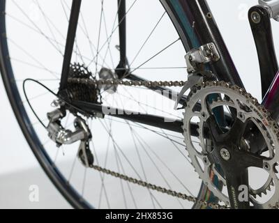 Colnago C40, late 1990s, Italy, drive chain, drive train 45 degree/ above, rear mechanical detail Stock Photo