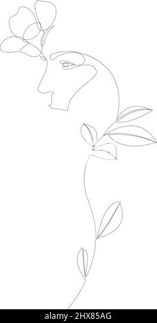 Abstract one line face with flower and leaves. Portrait minimalistic style. Botanical print. Nature symbol of cosmetics. Continuous line art. Fashion Stock Vector